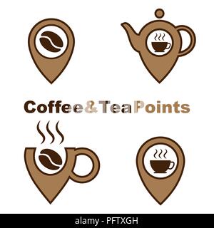 Kaffee und Tee punkt Logos auf weißem Hintergrund. Vektor Design Elemente, Schilder, Etiketten, Abzeichen, Logos, Identität und andere branding Objekte für Ihr Business Stock Vektor