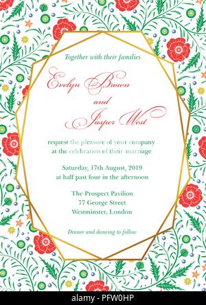 Hochzeit Einladung, Mohn Blumen Karte mit geometrischen Kunst Linien, grüne Grenze, frame Design einladen. Stock Vektor