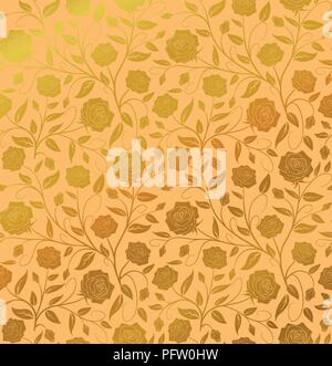 Vektor Nahtlose floralen Muster design Hand gezeichnet: Goldene Rosen mit Vintage Blätter auf einem goldenem Hintergrund. Royal Luxury Stock Vektor