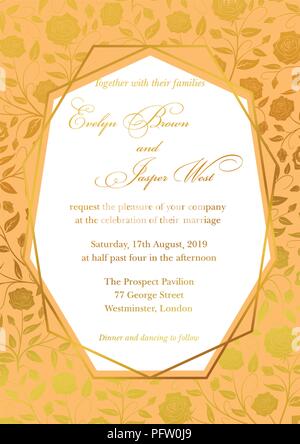 Hochzeit Einladung, Luxus Rosen Blumen Karte laden Design mit geometrischen Kunst Linien, goldene Folie Rand, Rahmen. Reich verzierte gold Blumen auf einem goldenen nobl Stock Vektor