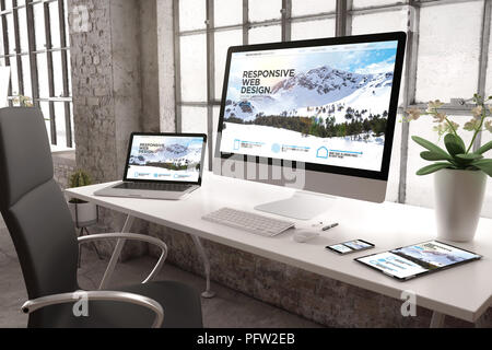 3D-Rendering des gewerblichen Büro mit Geräten mit reaktionsschnellen website design Stockfoto