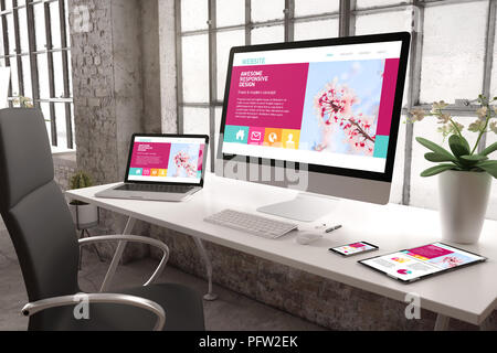 3D-Rendering des gewerblichen Büro mit Geräten angezeigt resposive website design Stockfoto