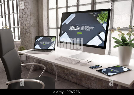 3D-Rendering des gewerblichen Büro mit Geräten, die digitale Agentur Website Stockfoto