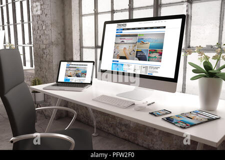 3D-Rendering des gewerblichen Büro mit Geräte zeigen Trends Zeitschrift Stockfoto