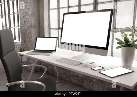 3D-Rendering des gewerblichen Büro mit Geräten auf dem Desktop mockup Stockfoto