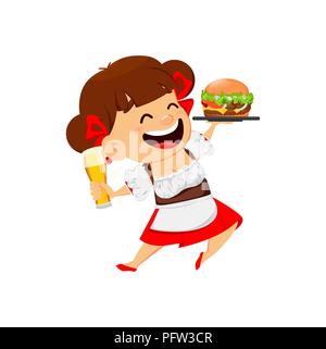 Oktoberfest, Bierfest. Lustige Frau, fröhlichen Comicfigur hält ein Glas Bier und Hamburger. Vector Illustration auf weißem Hintergrund. Stock Vektor