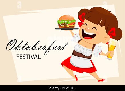 Grußkarte für Oktoberfest, Bierfest. Lustige Frau, fröhlichen Zeichentrickfigur holding Bier und Hamburger. Vector Illustration Stock Vektor