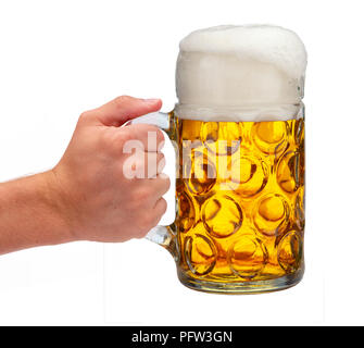 Isolierte Bierkrug in der Hand auf dem Oktoberfest in München. Stockfoto