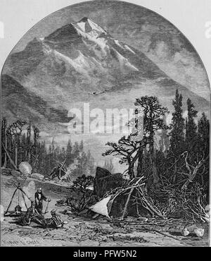 Schwarz und Weiß Vintage Print, drei Männer sitzen mit dem Rücken zu einem Lagerfeuer, mit Stock - integrierte Lean-tos oder teepees sichtbar in der Nähe und in der Ferne, und der Gipfel von greys Peak im Hintergrund, in Colorado, und in William Makepeace Thayer's Band "arvels der Neue Westen', 1887 veröffentlicht. Mit freundlicher Genehmigung Internet Archive. () Stockfoto