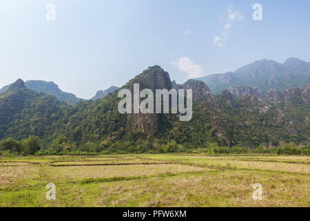 Wunderschöne Aussicht auf ein Feld und Karst Kalkstein Berge in der Nähe von Vang Vieng, Vientiane, Laos, Provinz an einem sonnigen Tag. Stockfoto