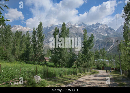 Hohe Alpengipfel hinter dem Nussbaum Dorf Arslanbob, Kirgisistan Stockfoto
