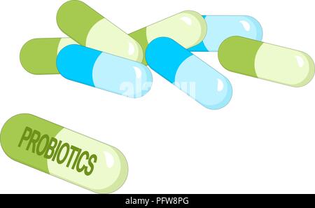 Kapseln mit grünen probiotische Bakterien. Konzept der gesunden Ernährung Zutat für therapeutische Zwecke. Raster Abbildung auf weißem Hintergrund Stockfoto