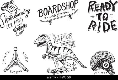 Satz von Skateboarding Etiketten Logo. Skater Dinosaurier Tyrannosaurus rex reitet auf dem Board.. Urban Design für Abzeichen, Embleme t-shirt Typografie. graviert Hand gezeichnete Skizze in Schwarzweiß Vintage Style. Stock Vektor