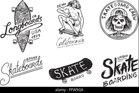 Satz von Skateboarding Etiketten Logo. Vector Illustration mit Skelett für Skater. Urban Design für Abzeichen, Embleme t-shirt Typografie. graviert Hand gezeichnete Skizze in Schwarzweiß Vintage Style. Stock Vektor