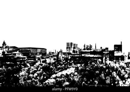 Stadtbild in Granada, Südspanien, mit der Alhambra Palast im Hintergrund, schwarze und weiße Silhouette Stockfoto