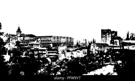 Stadtbild in Granada, Südspanien, mit der Alhambra Palast im Hintergrund, schwarze und weiße Silhouette Stockfoto