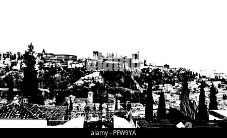 Stadtbild in Granada, Südspanien, mit der Alhambra Palast im Hintergrund, schwarze und weiße Silhouette Stockfoto