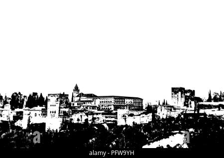 Stadtbild in Granada, Südspanien, mit der Alhambra Palast im Hintergrund, schwarze und weiße Silhouette Stockfoto