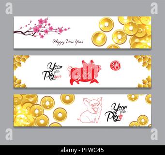 Horizontale Banner mit Hand gezeichnet. Jahr des Schweins Stock Vektor