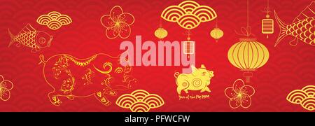 Frohes neues Jahr 2019. Das chinesische Neujahr Grußkarte, Jahr des Schweins Stock Vektor