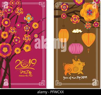 2019 Chinesisches Neujahr Grußkarte, zwei Seiten Poster, Flyer oder Einladung Design mit Papier schneiden Sakura Blumen und Schwein Stock Vektor
