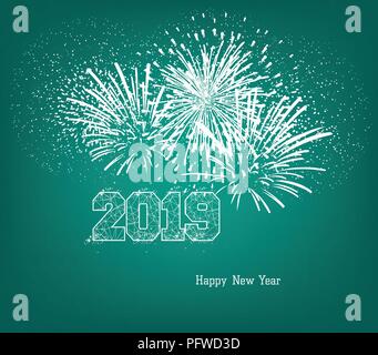 Frohes Neues Jahr 2019 mit Gold Ball und Feuerwerk Stock Vektor