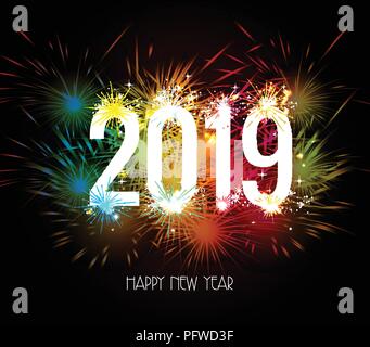 Frohes Neues Jahr 2019 Feuerwerk bunt Stock Vektor