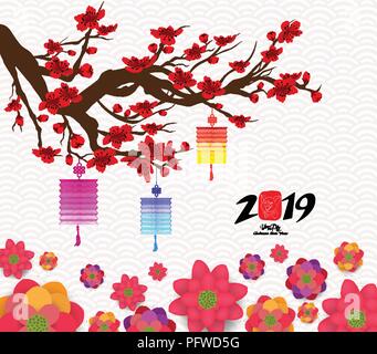 Orientalische Happy Chinese New Year blühenden Blumen und Laternen Design Stock Vektor
