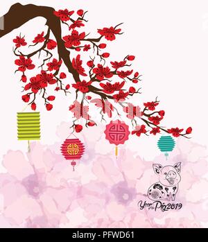 Das chinesische Neujahr mit Schwein. Cherry Blossom Hintergrund Stock Vektor