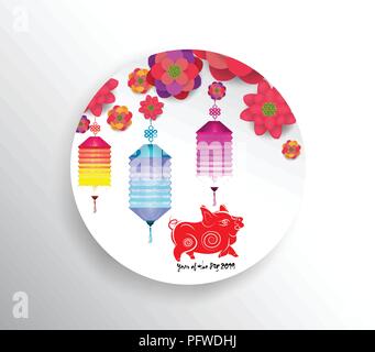 Happy Chinese New Year 2019. Seasons Greetings. Laterne Design, Jahr des Schweins Stock Vektor