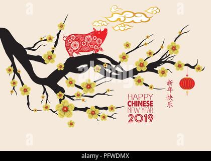 Happy Chinese New Year 2019 Sternzeichen mit Schwein. Chinesische Zeichen bedeuten, ein glückliches Neues Jahr Stock Vektor