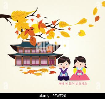 Traditionelle koreanische Frohes neues Jahr. Koreanische Zeichen bedeuten, Frohes Neues Jahr, Grüße der Kinder Stock Vektor