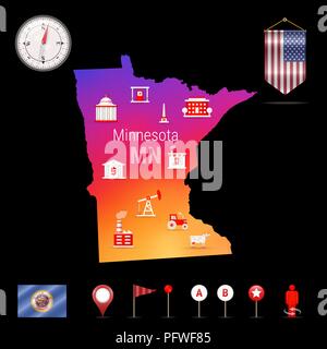 Minnesota Vektorkarte, Nacht. Das Symbol Kompass, Karte Navigationselemente. Wimpel Flagge der Vereinigten Staaten. Vektor Flagge von Minnesota. Verschiedene Branchen, Wirtschaftsgeographie Symbole. Stock Vektor