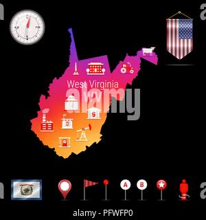 West Virginia Vektorkarte, Nacht. Das Symbol Kompass, Karte Navigationselemente. Wimpel Flagge der Vereinigten Staaten. Vektor Flagge von West Virginia. Verschiedene Branchen, Wirtschaftsgeographie Symbole. Stock Vektor