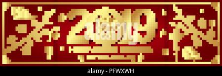 Gold auf Rot Schwein horizontale Banner zum Chinesischen Neuen Jahr 2019. Hieroglyphe Übersetzung: Frohes Neues Jahr ; Schwein Stock Vektor
