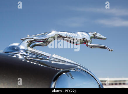 CONCORD, NC - April 5, 2018: Nahaufnahme von einem 1934 Ford Kühlerfigur auf Anzeige an der Pennzoil AutoFair Classic Car Show in Charlotte Motor Speedway. Stockfoto