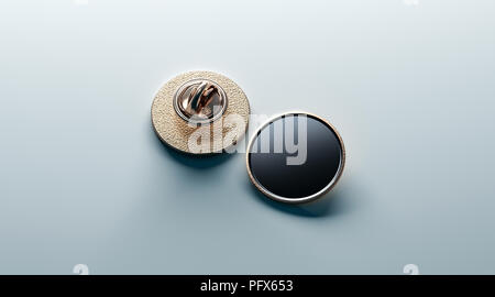 Leere schwarze runde gold Abzeichen am Revers mock up, Vorder- und Rückseite anzeigen, 3D-Rendering. Leere Luxus harten Zahnschmelz pin mockup. Goldene Spange design Vorlage. Stockfoto