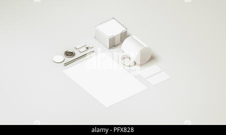 Leere weiße Büromaterial set Mockup isoliert, 3D-Rendering. Leere corporate branding Identität Mock Ups Präsentation. Klar Raum arbeiten liefert Vorlage für Logo, isometrische Ansicht Elemente. Stockfoto