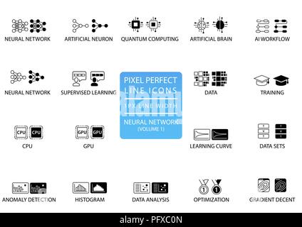 Neuronale Netze und vertieftes Lernen vektor Icon Set für das Web optimiert Stock Vektor