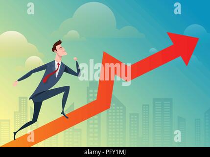 Business Mann laufen und springen, damit das Diagramm auf der Stadt Hintergrund. Vector Illustration Business Stock Vektor