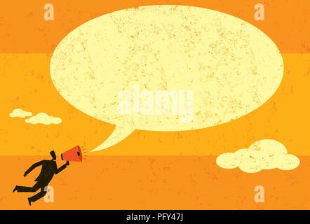 Kommunikation mit einem Megaphon. Ein Geschäftsmann Ankündigung einer Nachricht in einer Sprechblase mit einem Megaphon. Stock Vektor