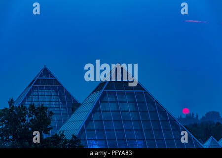 Sun steigt durch Rauch Himmel, Muttart Conservatory Pyramiden, Edmonton, Alberta, Kanada. Stockfoto