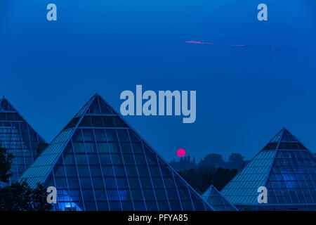 Sun steigt durch Rauch Himmel, Muttart Conservatory Pyramiden, Edmonton, Alberta, Kanada. Stockfoto