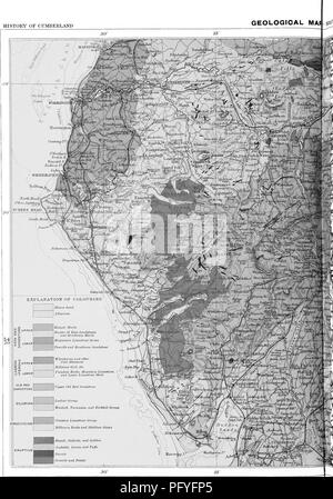 . Die Victoria Geschichte der Grafschaft von Cumberland. Natural History. Geschichte von Cumberland. "Ifi llUPPUR O^ LOWLft Old Red Sandstone ORDOVIZIUM L'cdiow ffrovp Wenhick, Tarnnnon und Birkhill Qr'/itp Conislim LitiwMone Qritui) Milhonm Felsen atul Skiddaw Schiefer 1 Basalt. Dolerit, atid Qnbhro Andeaiit, Laven und Tuffe Diorit Granit und Felsite TLj-EcEmbin^ drogfiijihirn] tnfltii Maßstab 4 MEILEN ZU EINEM ZOLL DER VICTORIA GESCHICHTE OUHt,. Bitte beachten Sie, dass diese Bilder extrahiert werden aus der gescannten Seite Bilder, die digital für die Lesbarkeit verbessert haben mögen - Färbung und Aussehen dieser i Stockfoto