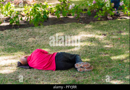 Ein Mann schläft auf dem Gras in einen Stadtpark, Santiago, Chile. Kopieren Sie Platz für Text Stockfoto