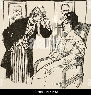 Ein humorvoller politischer Karikaturfilm aus dem Jahr 1899 zeigt Kuba als einen Patienten, der bei Onkel Sam ärztlichen Rat sucht. Der Patient, der Kuba symbolisiert, beklagt sich über wiederkehrende Probleme wie Lotterie, Stierkampf und Hahnenkampf. Die Illustration kritisiert die damalige soziale und politische Situation Kubas. Stockfoto