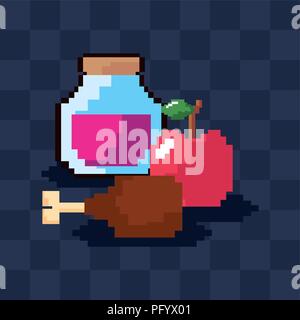 Videospiel pixelated Hähnchen Schenkel und verwandte Objekte über blauen Hintergrund, farbenfrohen Design. Vector Illustration Stock Vektor