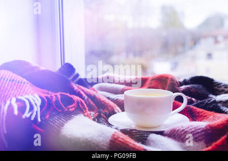 Tasse Tee mit Zitrone und warme Wolldecke auf der Fensterbank. Heiße Getränke für regnerische Tage. Hygge Konzept, herbstliche Stimmung. Gemütlich im Winter morgens zu Hause. Warm Stockfoto