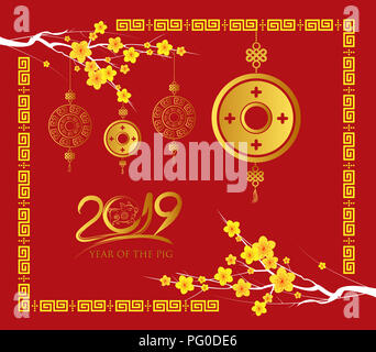 Happy Chinese New Year 2019 Card, Gold Münze, Jahr des Schweins Stockfoto