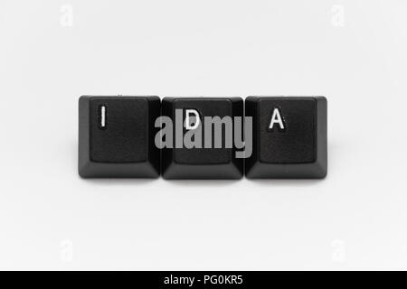 Schwarzen Tasten der Tastatur mit verschiedenen Wörtern oder Namen Stockfoto